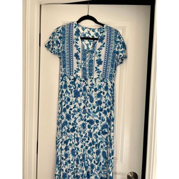 Blue Maxi Dress Tie Waist Button front v-neck paisley print vacation resort S - Picture 1 of 5